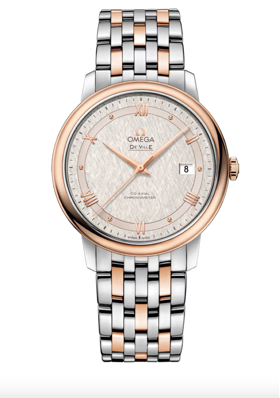 Omega De Ville Prestige 39.5 MM Red Gold On Steel Silver Dial Watch 424.20.40.20.02.003