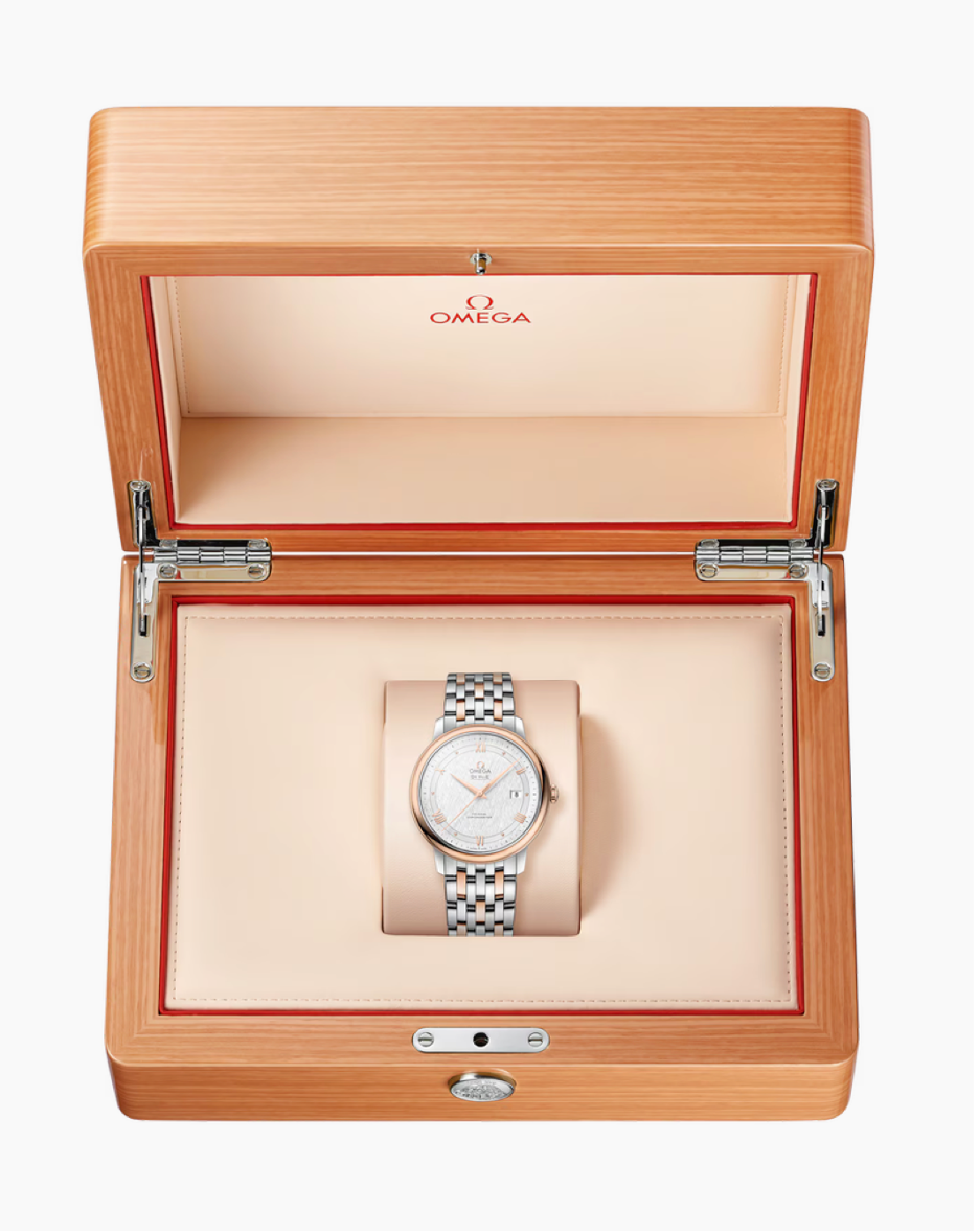Omega De Ville Prestige 39.5 MM Red Gold On Steel Silver Dial Watch 424.20.40.20.02.002