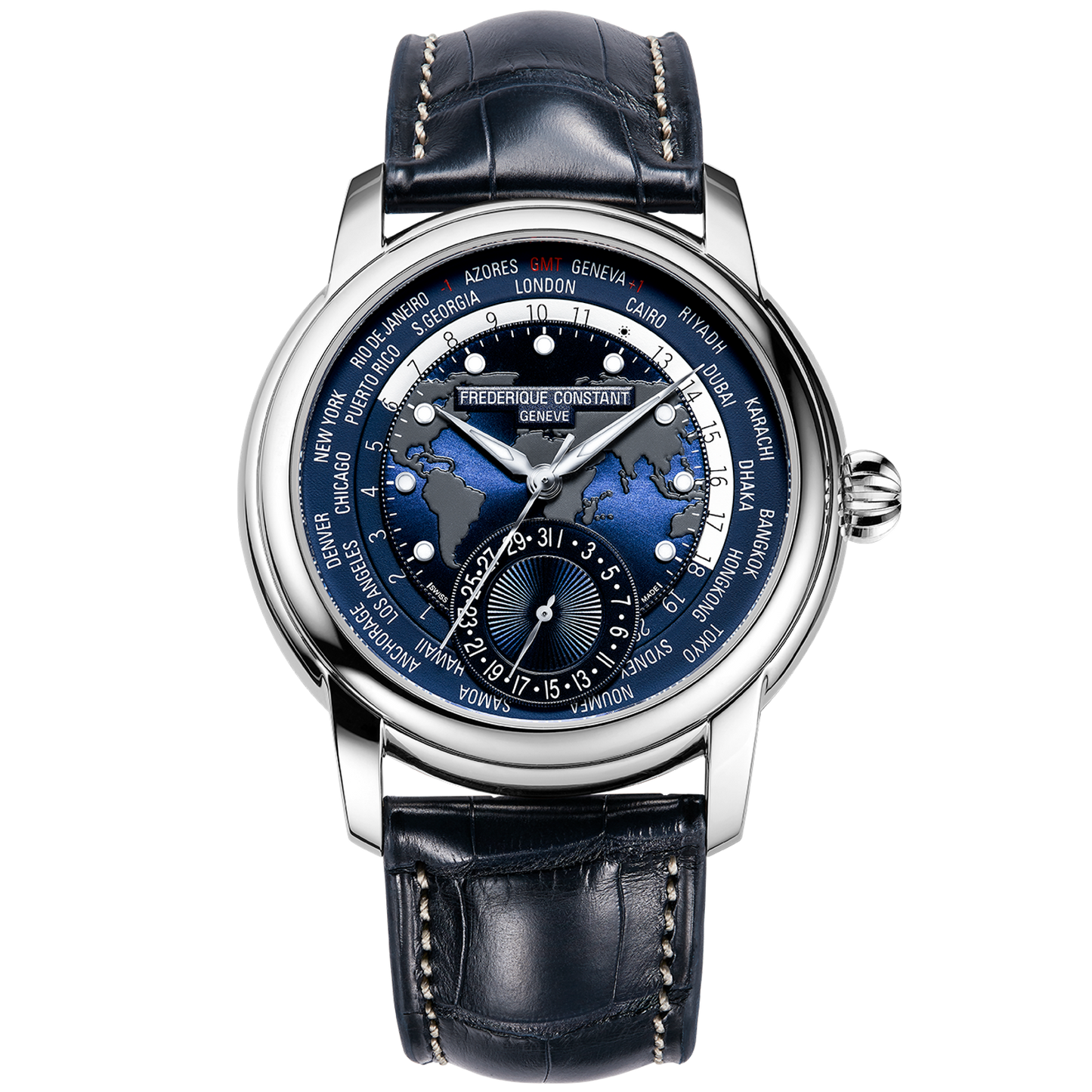 Frederique Classic Worldtimer Manufacture Automatic 42 MM SS Navy Dial Watch FC-718NWM4H6