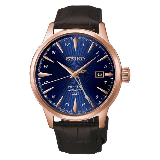 Seiko Presage Cocktail Time GMT HCB005J1 40.5mm deep blue dial rose-gold-toned watch
