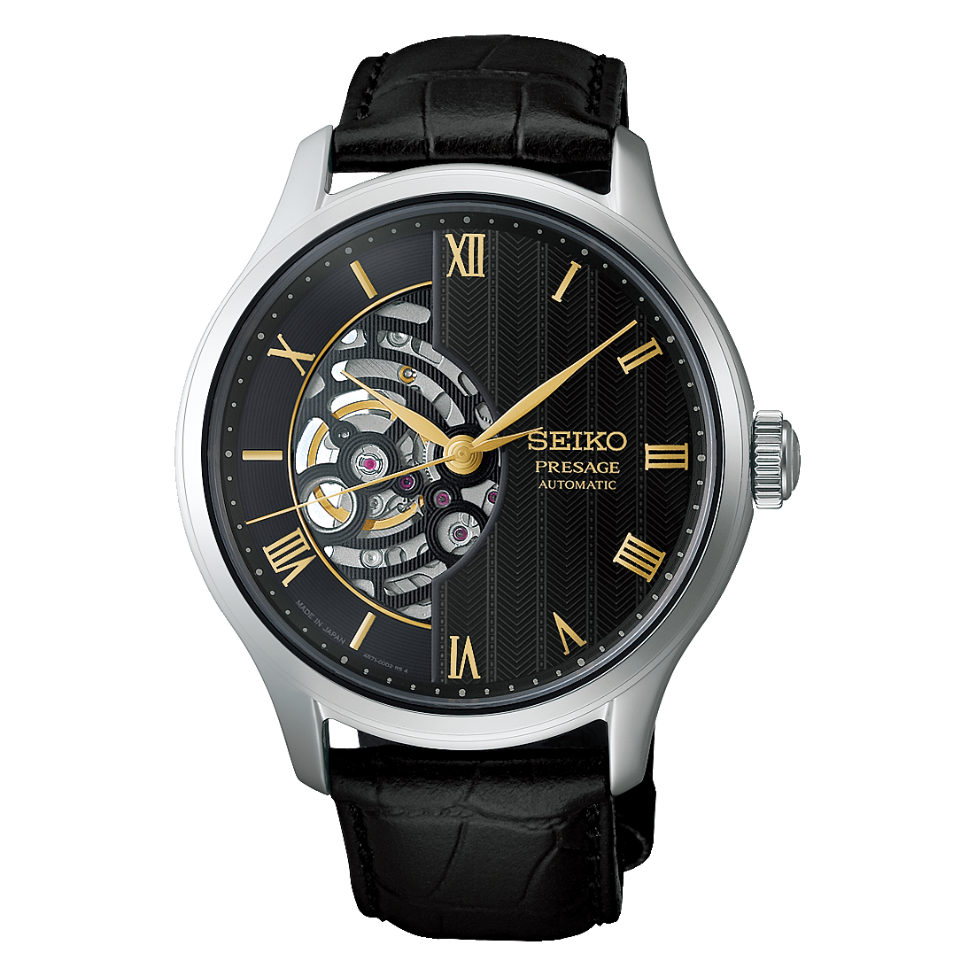 Seiko Presage Japanese Garden HCB008J1 black open-heart skeleton dial watch on stainless steel case with leather strap