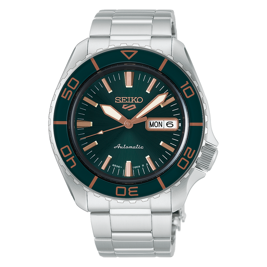 Seiko 5 Sports Field HDB005K1 green dial watch with green bezel on stainless steel bracelet