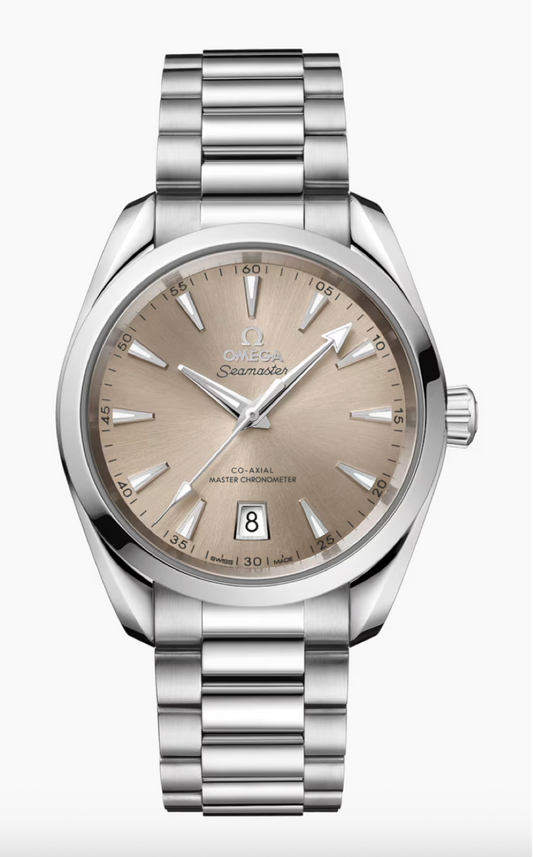 Omega Seamaster Aqua Terra 38mm steel watch with sandstone sun-brushed dial on steel bracelet, ref 220.10.38.20.09.001