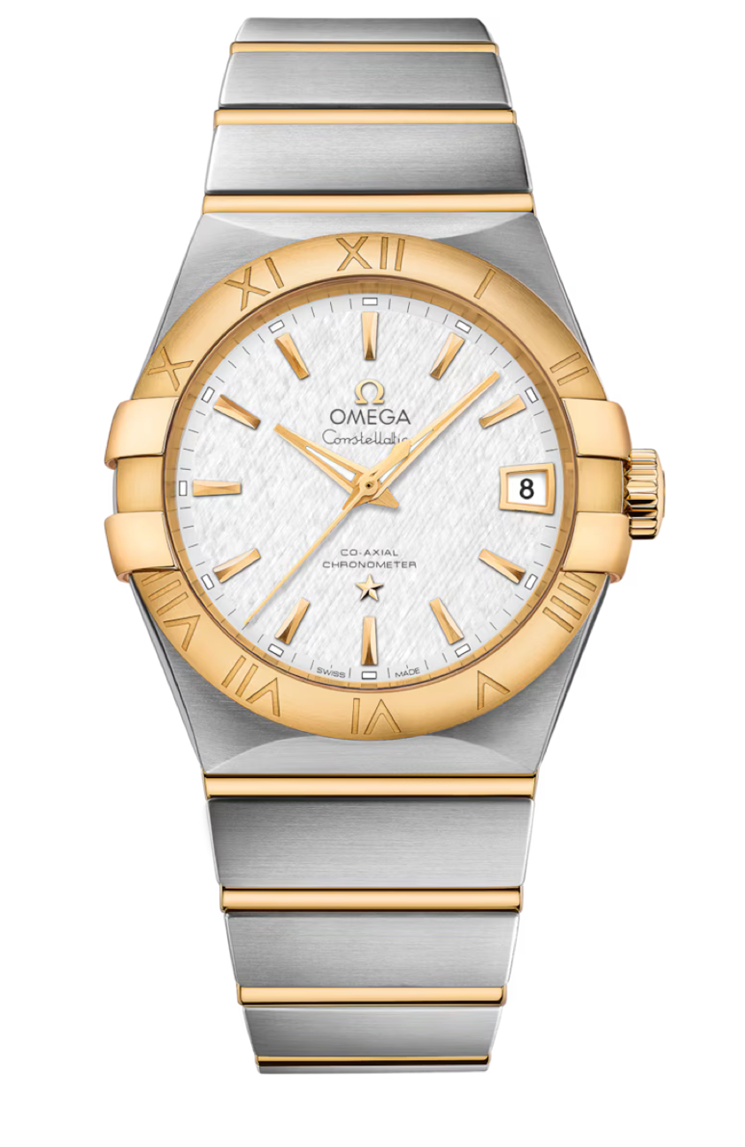 Omega Constellation 38 MM Yellow Gold On Steel Silver Dial Watch 123.20.38.21.02.006