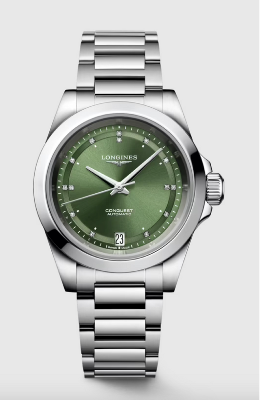 Longines Conquest Diamond Indexes 34 MM Automatic Green Dial Watch L34304076