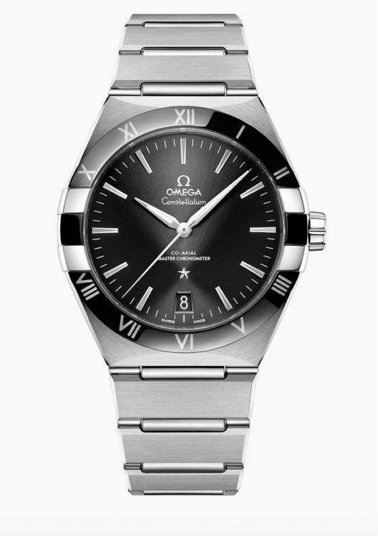 Omega Constellation 41mm steel watch with black ceramic Liquidmetal bezel and sun-brushed black dial, ref 131.30.41.21.01.001