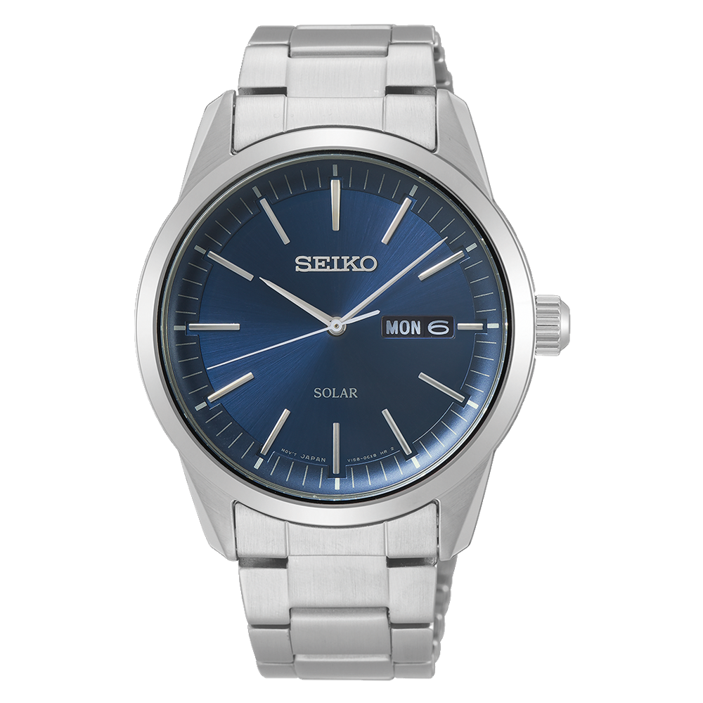Seiko Solar 44 MM Stainless Steel Metal Strap Blue Dial Watch SNE525P1