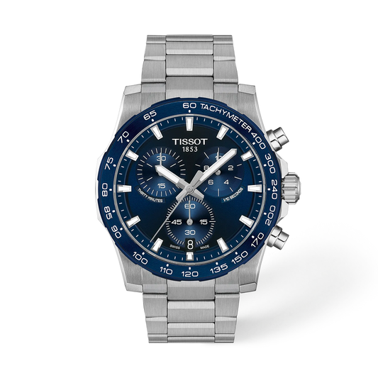 Tissot Supersport Chrono 42mm quartz chronograph T125.417.11.041.00 blue dial, steel bracelet, front studio view