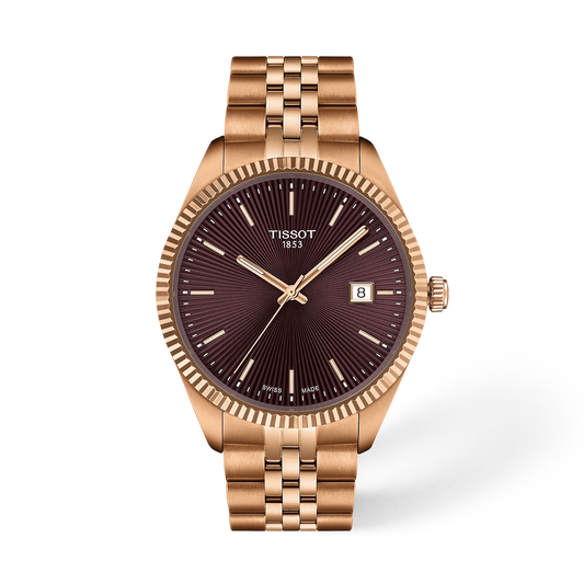 Tissot Ballade 40 mm T156.410.33.371.00 bordeaux sunray dial gold PVD bracelet watch, front view
