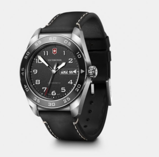 Victorinox Swiss Army Quartz 42 MM Leather SS Black Dial Watch 242041