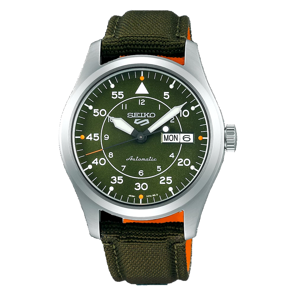 Seiko 5 Sports 39.4 MM Day Date Automatic SS Green Canvas Band Watch Deals Guru