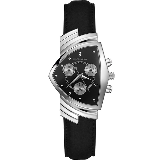Hamilton Ventura Chrono Quartz Black Dial Black Leather Bracelet Watch H24412732