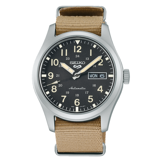 Seiko 5 Sports 39.4 MM Day-Date Automatic SS Beige Nylon Band Watch SRPG35K1