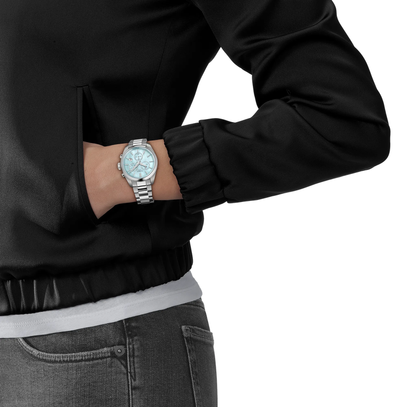 Tissot PR 100 Chronograph 36mm T150.217.11.131.00 blue mother-of-pearl dial watch worn on the wrist