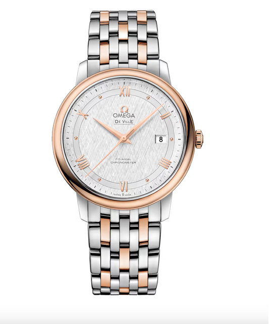 Omega De Ville Prestige 39.5 MM Red Gold On Steel Silver Dial Watch 424.20.40.20.02.002