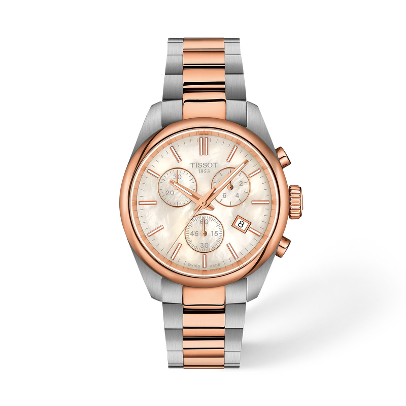 Tissot PR 100 Chronograph 36mm T150.217.22.111.00 white mother-of-pearl dial, grey and rose gold PVD steel bracelet, front view