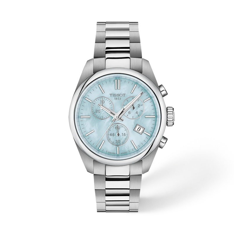Tissot PR 100 Chronograph 36mm quartz T150.217.11.131.00 blue mother-of-pearl dial, steel bracelet, front studio view