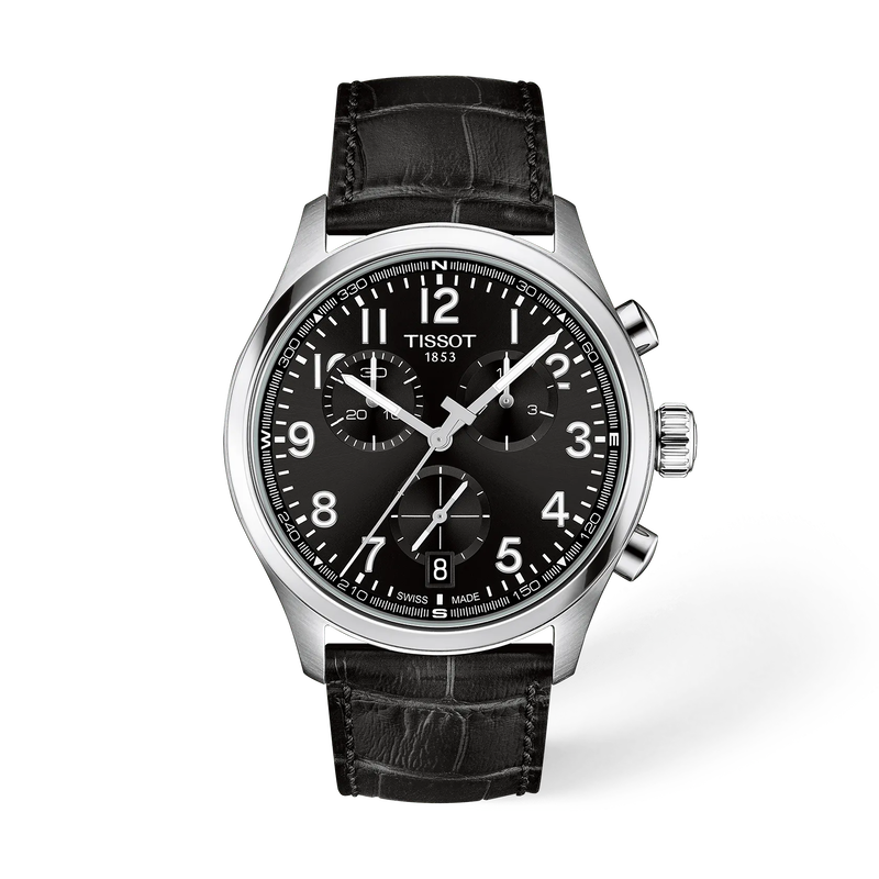 Tissot Chrono L 42mm quartz chronograph T116.417.16.052.00 black dial, black leather strap, front studio view