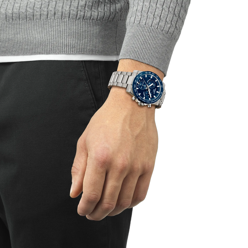 Tissot Supersport Chrono 42mm T125.417.11.041.00 blue dial watch worn on the wrist