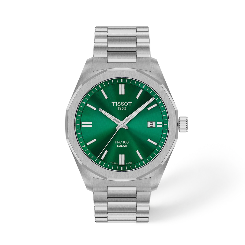 Tissot PRC 100 Solar 39mm T151.422.11.091.00 green dial, grey steel bracelet, front view