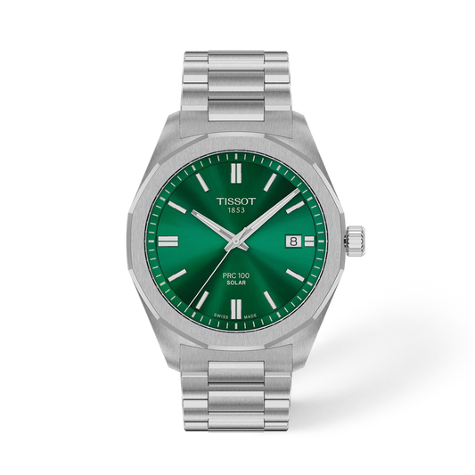 Tissot PRC 100 Solar 39mm T151.422.11.091.00 green dial, grey steel bracelet, front view