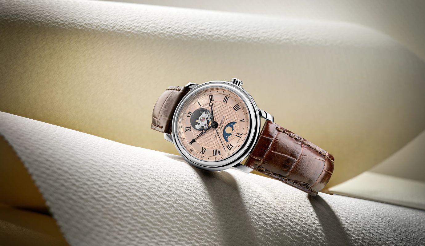 Frederique Classics Heart Beat Moonphase Date Automatic 40 MM Salmon Dial Watch FC-335MCSALB4P26