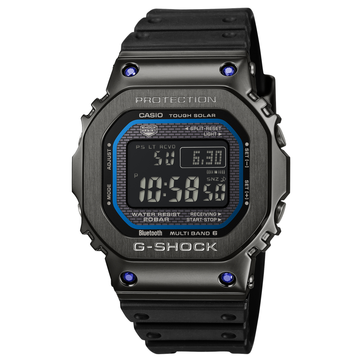 Casio G-Shock GMW-B5000SB-1A2 Full Metal black IP watch with four blue sapphires on the bezel