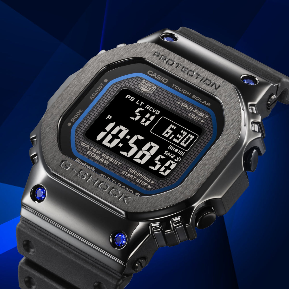 Casio G-Shock GMW-B5000SB-1A2 lab-grown blue sapphire bezel detail