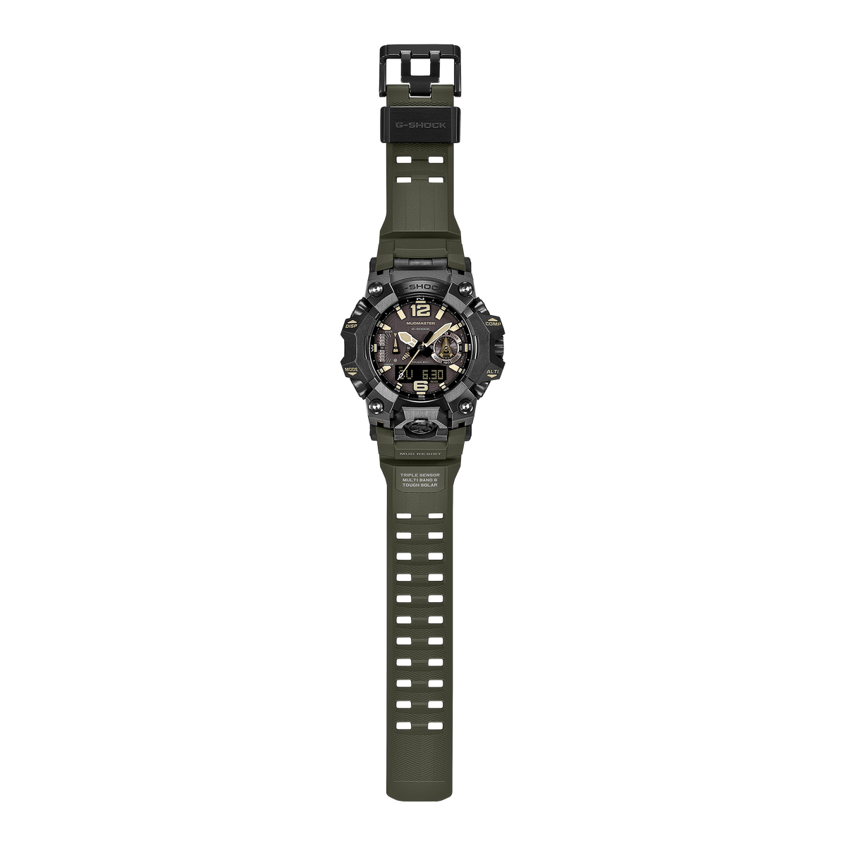 Casio G-Shock Mudmaster GWG-B1000-1A3 front view with olive green band