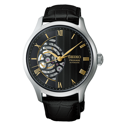Seiko Presage Japanese Garden HCB008J1 black open-heart skeleton dial watch on stainless steel case with leather strap