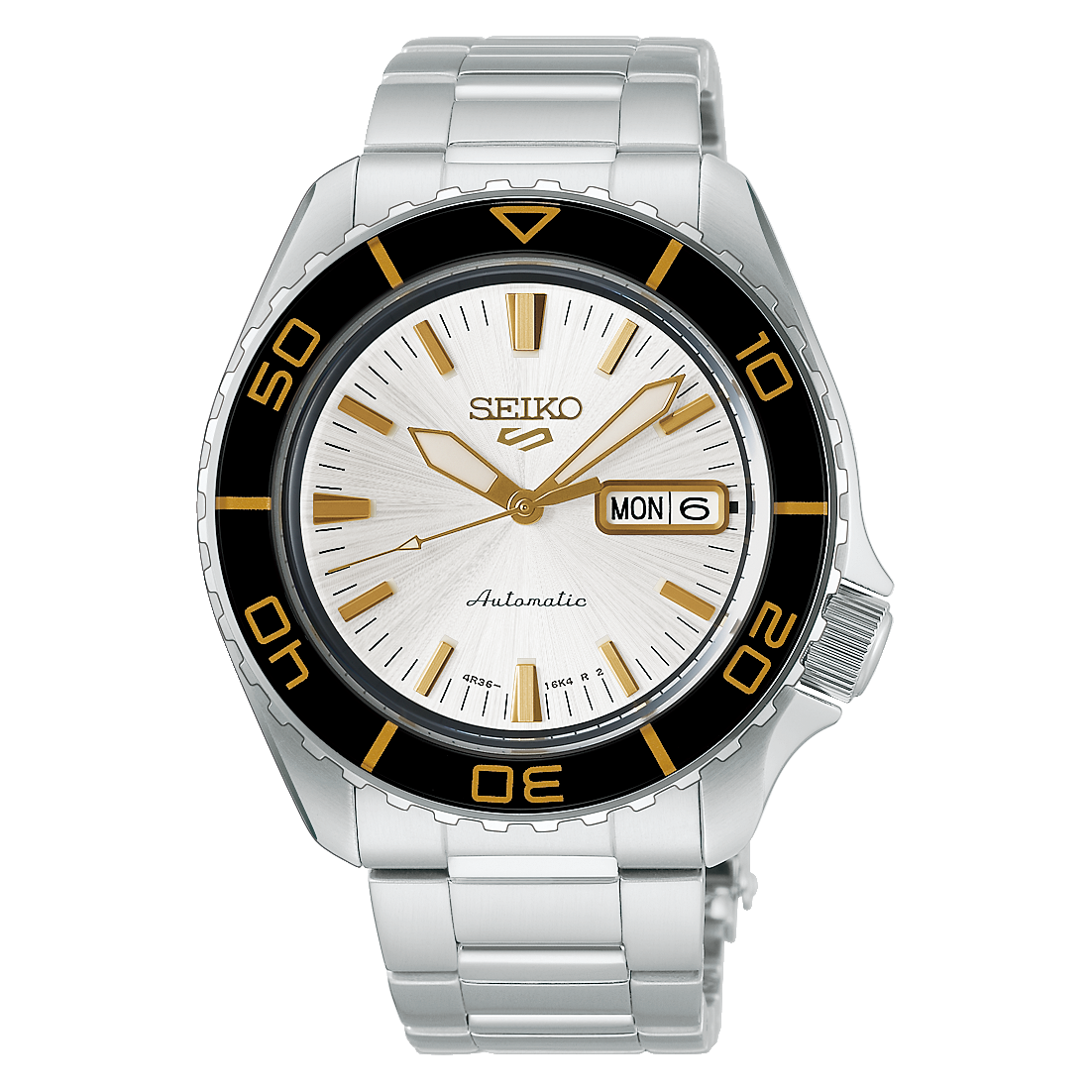 Seiko 5 Sports Field HDB004K1 silver-white dial watch with black bezel on stainless steel bracelet
