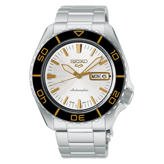 Seiko 5 Sports Field HDB004K1 silver-white dial watch with black bezel on stainless steel bracelet
