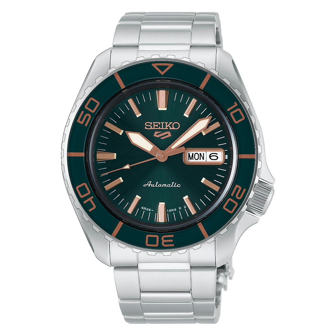 Seiko 5 Sports Field HDB005K1 green dial watch with green bezel on stainless steel bracelet