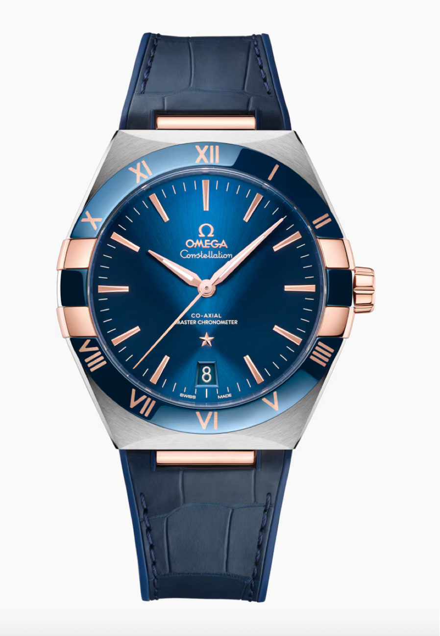 Omega Constellation 41 MM Steel - Sedna™ Gold On Leather Strap Blue Dial Watch 131.23.41.21.03.001