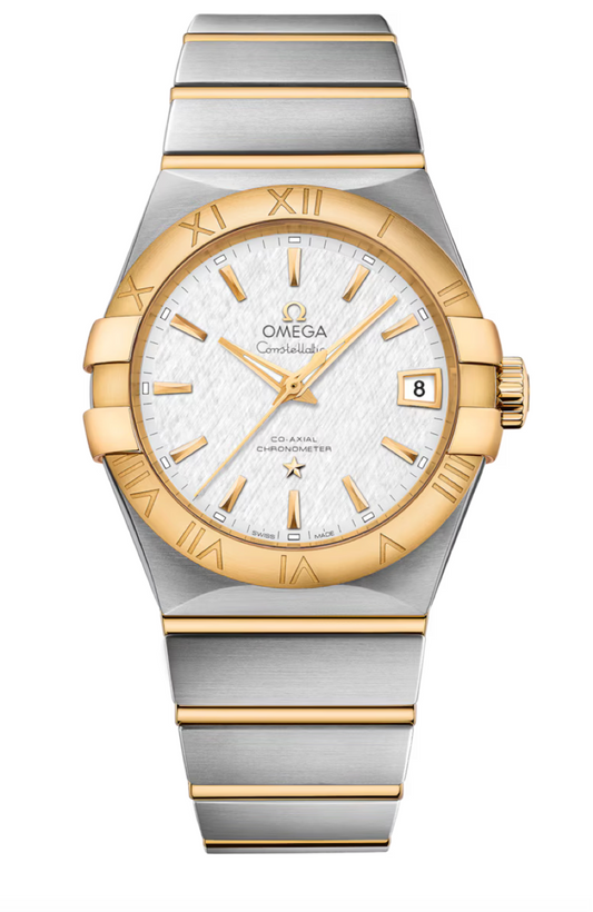 Omega Constellation 38 MM Yellow Gold On Steel Silver Dial Watch 123.20.38.21.02.006