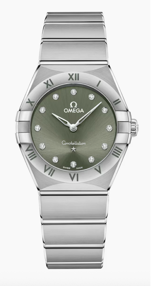 Omega Constellation 28mm steel quartz watch with green matcha dial and Roman numeral bezel, ref 131.10.28.60.60.001