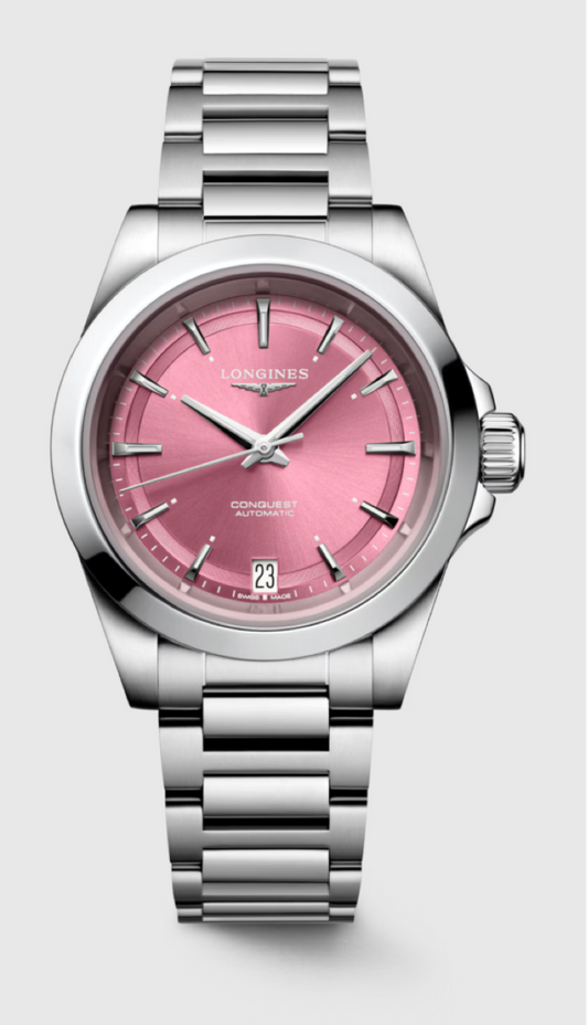 Longines Conquest 34 MM Stainless Steel Sunray Pink Dial Automatic Watch L34304996