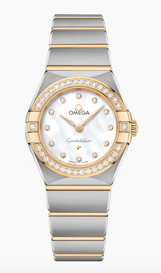 Omega Constellation 25mm steel and 18K yellow gold watch with diamond bezel and white mother-of-pearl dial, ref 131.25.25.60.55.002