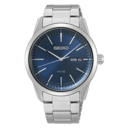 Seiko Solar 44 MM Stainless Steel Metal Strap Blue Dial Watch SNE525P1