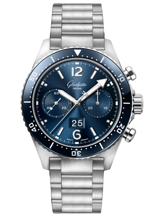 Glashutte Original SeaQ Chronograph 43.2mm steel dive watch with radiant blue dial, ref 1-37-23-02-81-70