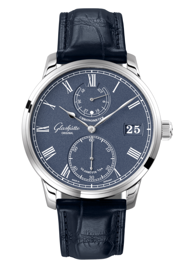 Glashutte Original Senator Chronometer 42mm white gold watch with deep blue dial and alligator strap, ref 1-58-01-05-34-30