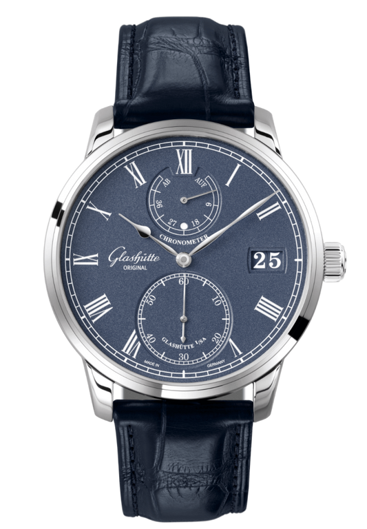 Glashutte Original Senator Chronometer 42mm white gold watch with deep blue dial and alligator strap, ref 1-58-01-05-34-30