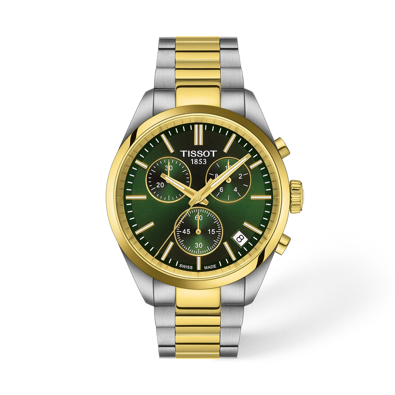 Tissot PR 100 Chronograph 40mm T150.417.22.091.00 green dial, grey and gold PVD steel bracelet, front view