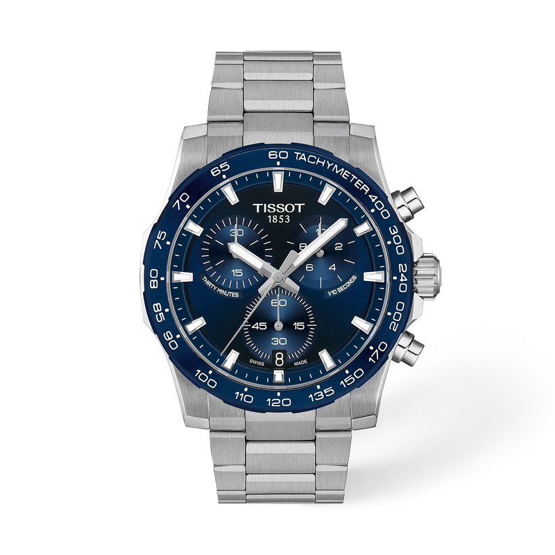Tissot Supersport Chrono 42mm quartz chronograph T125.417.11.041.00 blue dial, steel bracelet, front studio view
