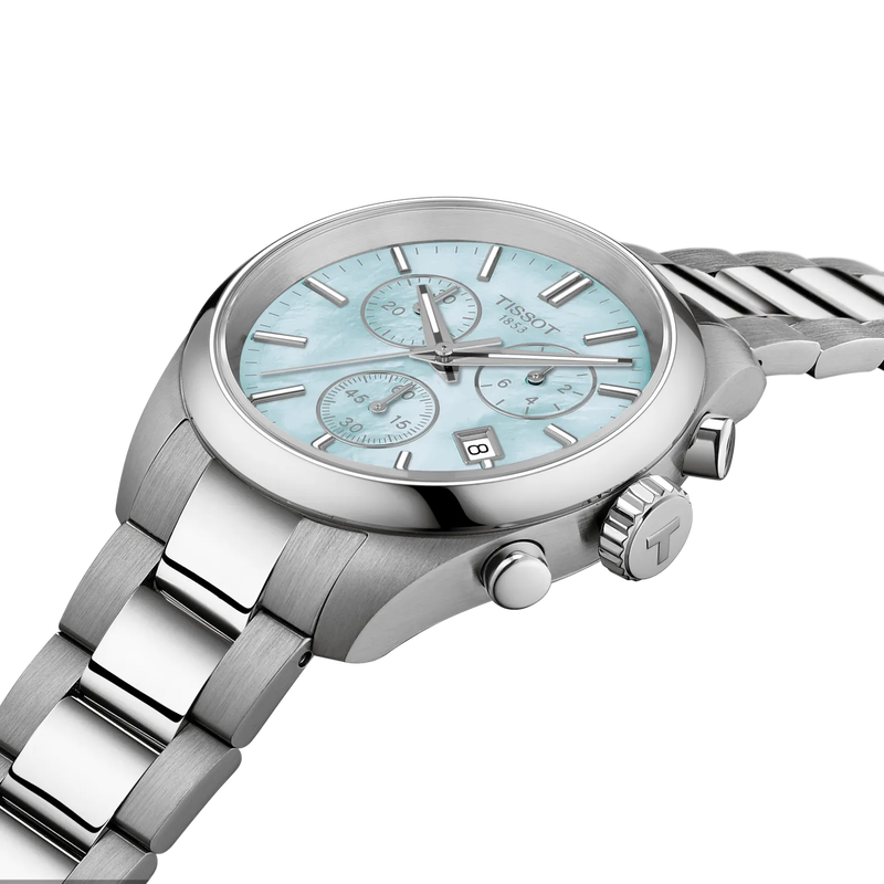 Tissot PR 100 Chronograph 36mm T150.217.11.131.00 blue mother-of-pearl dial close-up detail