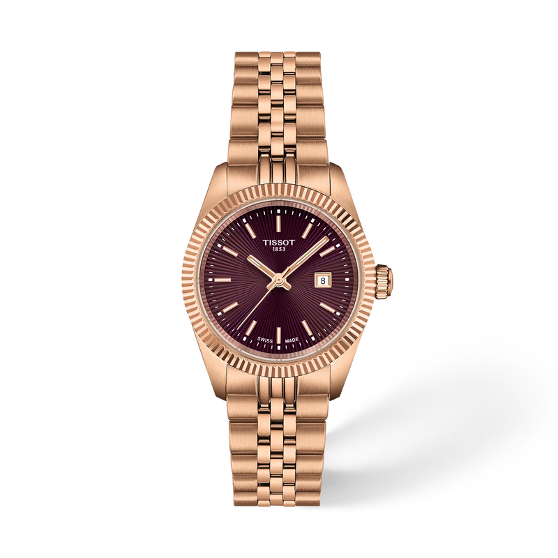 Tissot Ballade 30 mm T156.010.33.371.00 bordeaux sunray dial rose gold PVD bracelet watch