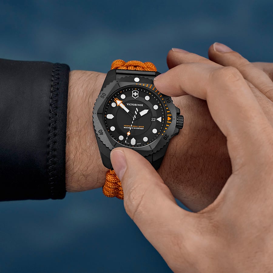 Victorinox Dive PRO Quartz 43 MM Orange Bracelet Black Matt Dial Watch 242069.1
