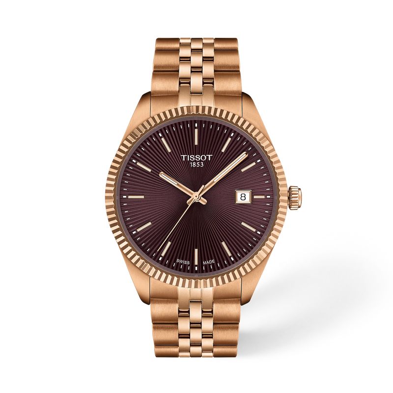 Tissot Ballade 40 mm T156.410.33.371.00 bordeaux sunray dial gold PVD bracelet watch, front view