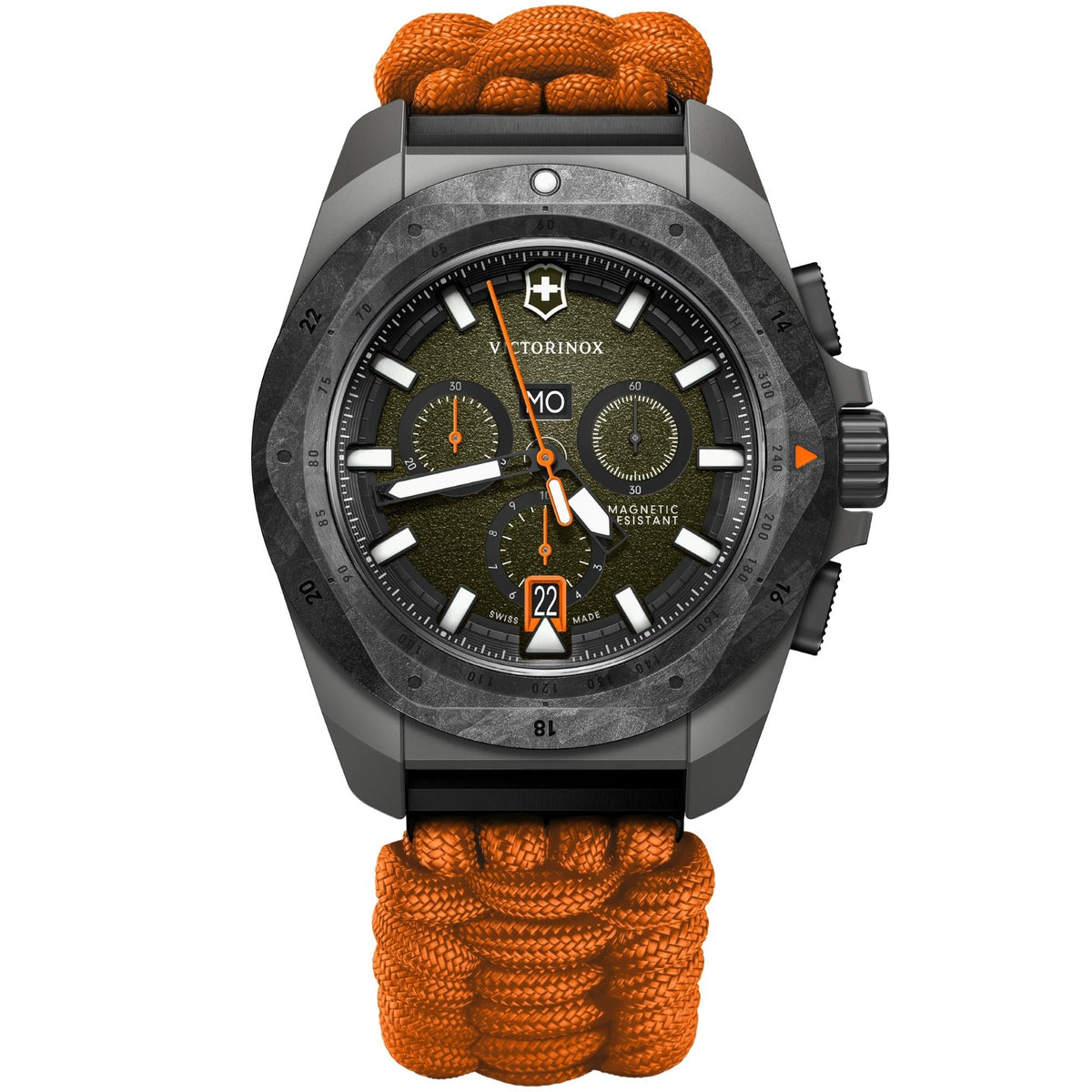 Victorinox I.N.O.X. Chronograph 43mm Green Dial Orange Paracord Watch 242083.1
