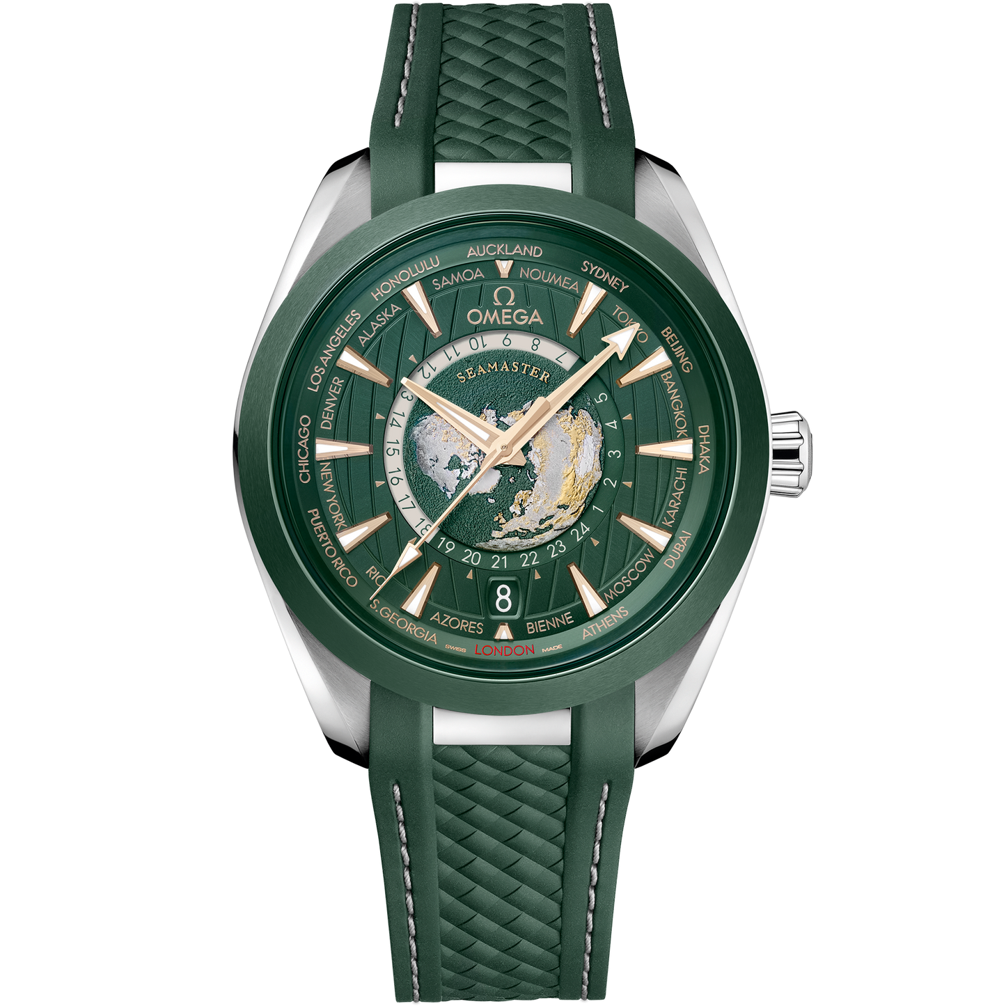 Omega Seamaster Aqua Terra 150M GMT Worldtimer 43 MM Steel Green Rubber Green Dial Watch 220.32.43.22.10.001